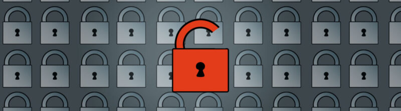 A wall of security locks with a larger broken lock. Meant to depict password security and how even one failed security can be a problem