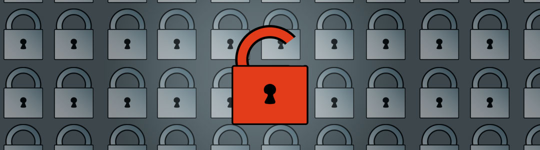A wall of security locks with a larger broken lock. Meant to depict password security and how even one failed security can be a problem